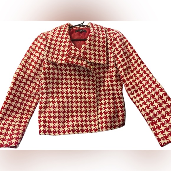 Talbots Red/White Wool Blend Moto  Houndstooth Jacket- 8P Excellent Condition - Picture 2 of 8